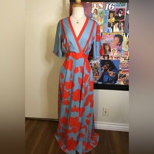 Elegant Blue and Red Floral Dress